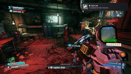 A dialogue interaction scene in Borderlands 2, where the player is speaking to an NPC inside a dimly lit, red-toned room. The HUD displays the player's high-level character and in-game currency. Get your Steam key for Borderlands 2 GOTY Edition instantly at RushGame.co