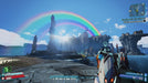 A stunning landscape from Borderlands 2, featuring a bright double rainbow over a rocky coastal area. The player holds a futuristic firearm while navigating the world. Buy Borderlands 2 Game of the Year Edition at RushGame.co