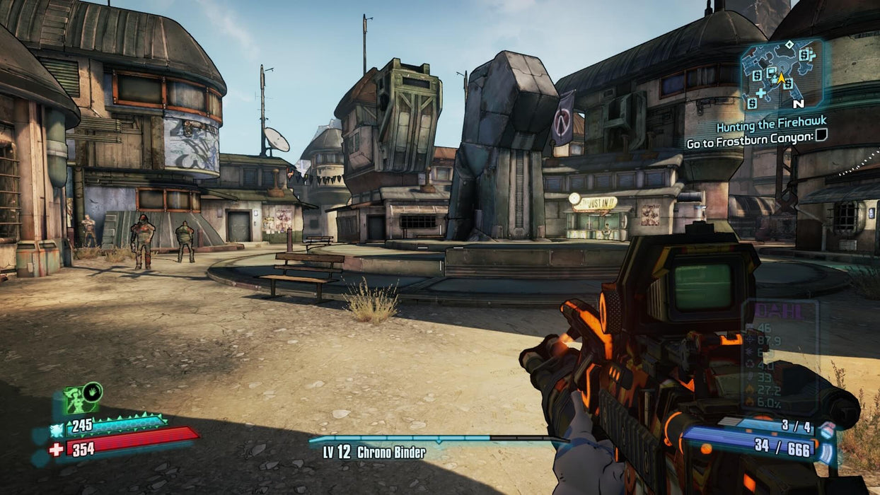 A first-person perspective screenshot from Borderlands 2, showing a futuristic town with a weapon aimed at the environment. The heads-up display (HUD) shows the player's health, shield, and quest objective. Available now at RushGame.co