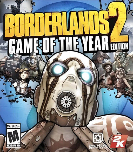 Cover art for Borderlands 2 Game of the Year Edition, showcasing the iconic Psycho character with a cel-shaded design, surrounded by action-packed elements. Buy your digital game key today at RushGame.co