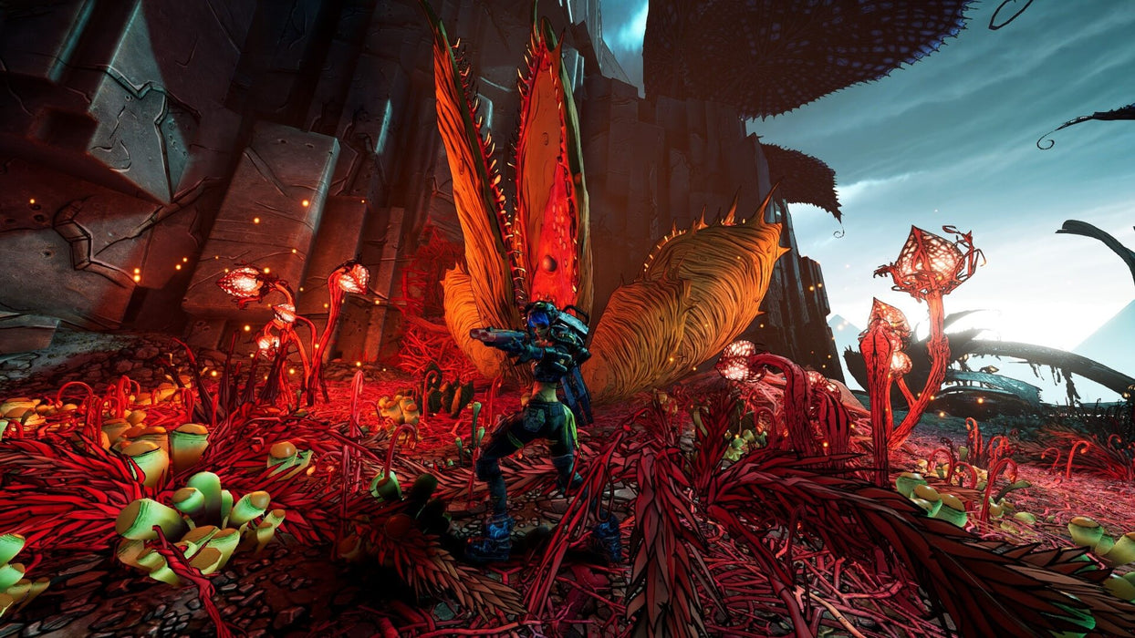 Gameplay Screenshot
A player explores a vibrant alien world filled with red bioluminescent plants and an enormous carnivorous plant in Borderlands 3 Next-Level Edition. The game's distinct cel-shaded visuals and intense action are on full display. Get your digital game key at RushGame.co