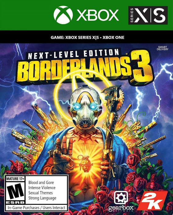  Cover Art
Official cover art for Borderlands 3 Next-Level Edition featuring the iconic Psycho Mask character holding a golden gun, surrounded by roses and weapons. Available now for Xbox One and Xbox Series X|S at RushGame.co