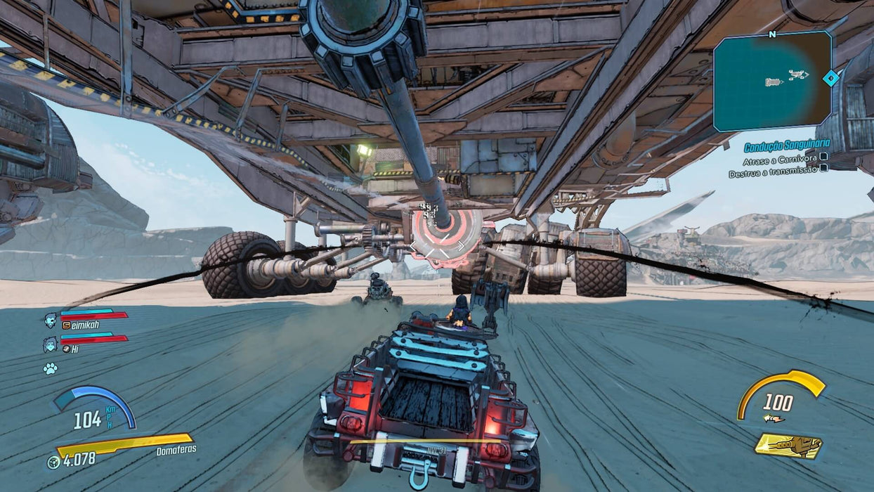 A high-speed chase in Borderlands 3 with a vehicle racing beneath a massive industrial war machine. The scene captures the thrill of vehicular combat in the wasteland. Get your Borderlands 3 digital key instantly at RushGame.co