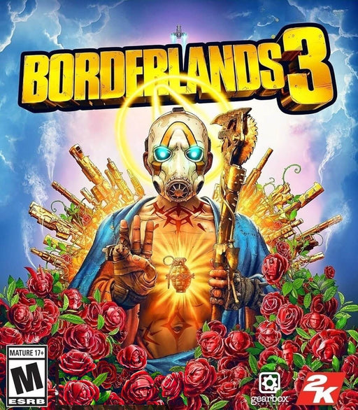 cover art for Borderlands 3, featuring the signature masked psycho with glowing blue eyes, surrounded by roses and golden weapons. This looter-shooter from Gearbox Software is available now at RushGame.co