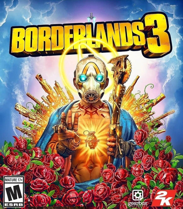 cover art for Borderlands 3, featuring the signature masked psycho with glowing blue eyes, surrounded by roses and golden weapons. This looter-shooter from Gearbox Software is available now at RushGame.co