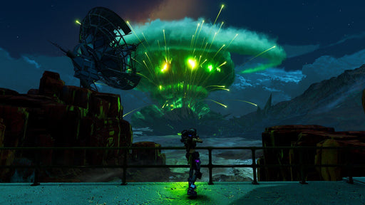 Borderlands 3 gameplay – apocalyptic explosion – A character watches a massive green explosion in the distance, illuminating the night sky with eerie lights. A stunning visual from Borderlands 3, available for PC on Epic Games at RushGame.co