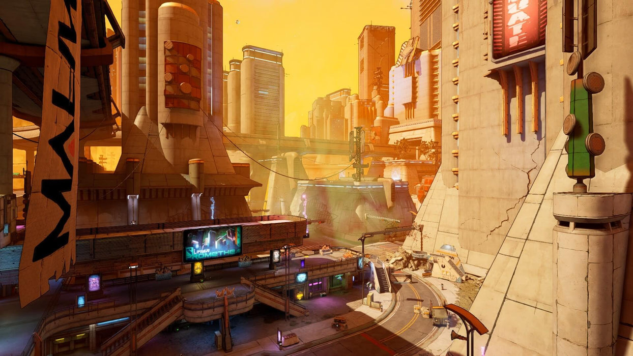 Borderlands 3 gameplay – futuristic cityscape – A golden-hued futuristic metropolis with towering skyscrapers and neon signs, showcasing the immersive world of Borderlands 3. Get your Epic Games PC key now at RushGame.co