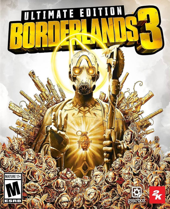 Cover Image: "Borderlands 3 Ultimate Edition cover art featuring the Vault Hunter in a golden, weapon-packed design. Get your Epic Games digital key now at RushGame.co!