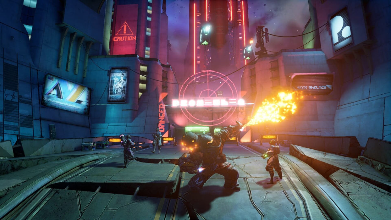 Borderlands 3 Xbox One Gameplay Screenshot 2 – A battle sequence from Borderlands 3, set in a futuristic neon city at night. A massive enemy unleashes a fiery attack while Vault Hunters engage in intense combat. Experience the action with an Xbox One CD key from RushGame.co