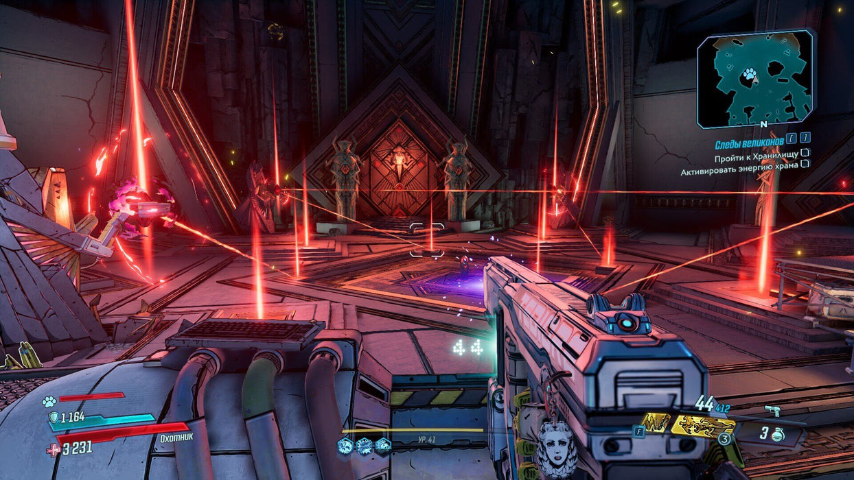 Borderlands 3 Xbox One Gameplay Screenshot 3 – A high-tech temple filled with glowing red laser traps in Borderlands 3 on Xbox One. The player holds a futuristic weapon while navigating the challenging environment. Purchase your Xbox One digital key at RushGame.co