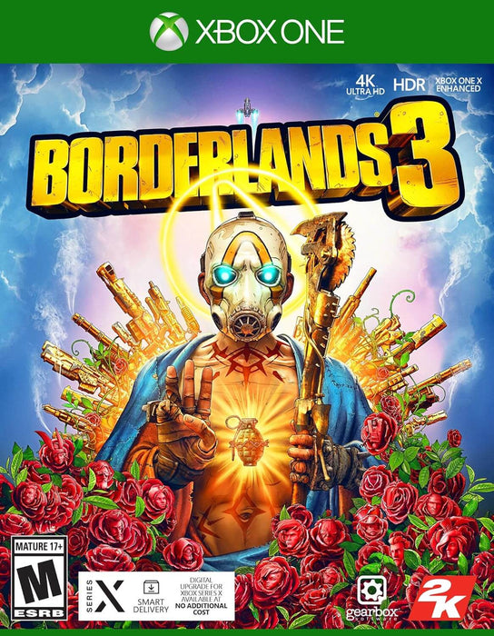 Borderlands 3 Xbox One Cover – Official cover art for Borderlands 3 on Xbox One, featuring the iconic Psycho character with glowing blue eyes, surrounded by red roses and golden weaponry. The cover includes branding for 4K Ultra HD, HDR, and Smart Delivery for Xbox Series X. Available now on RushGame.co