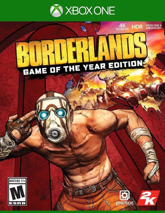 Cover art for Borderlands: Game of the Year Edition on Xbox One, featuring the signature Psycho character in a dynamic pose with glowing blue eyes and an explosion-filled background. Available now at RushGame.co