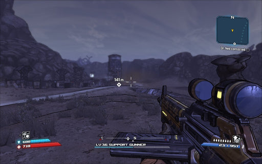 Screenshot from Borderlands: The Handsome Collection – Abandoned dark environment – The player explores a desolate landscape in a gloomy, eerie atmosphere. A mission marker on the map indicates the next objective. Purchase Borderlands: The Handsome Collection at RushGame.co and uncover Pandora’s mysteries