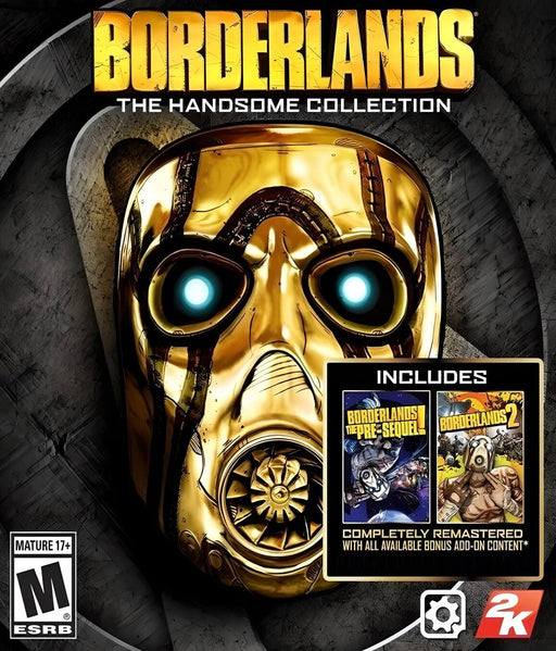 Cover image of Borderlands: The Handsome Collection for PC (Steam) – The golden mask of the iconic bandit from the Borderlands series dominates the cover, surrounded by a futuristic, industrial background. At the bottom, mini covers of Borderlands: The Pre-Sequel and Borderlands 2 indicate their inclusion in the collection. Get Borderlands: The Handsome Collection now at RushGame.co and experience the ultimate adventure