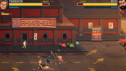 Gameplay Image 
Retro pixel-art gameplay from 'Slaps and Beans 2' on PS5, showing Bud Spencer and Terence Hill battling enemies outside a neon-lit Pelota Café. Enjoy cooperative action and classic brawler mechanics. Get your PS5 key at RushGame.co