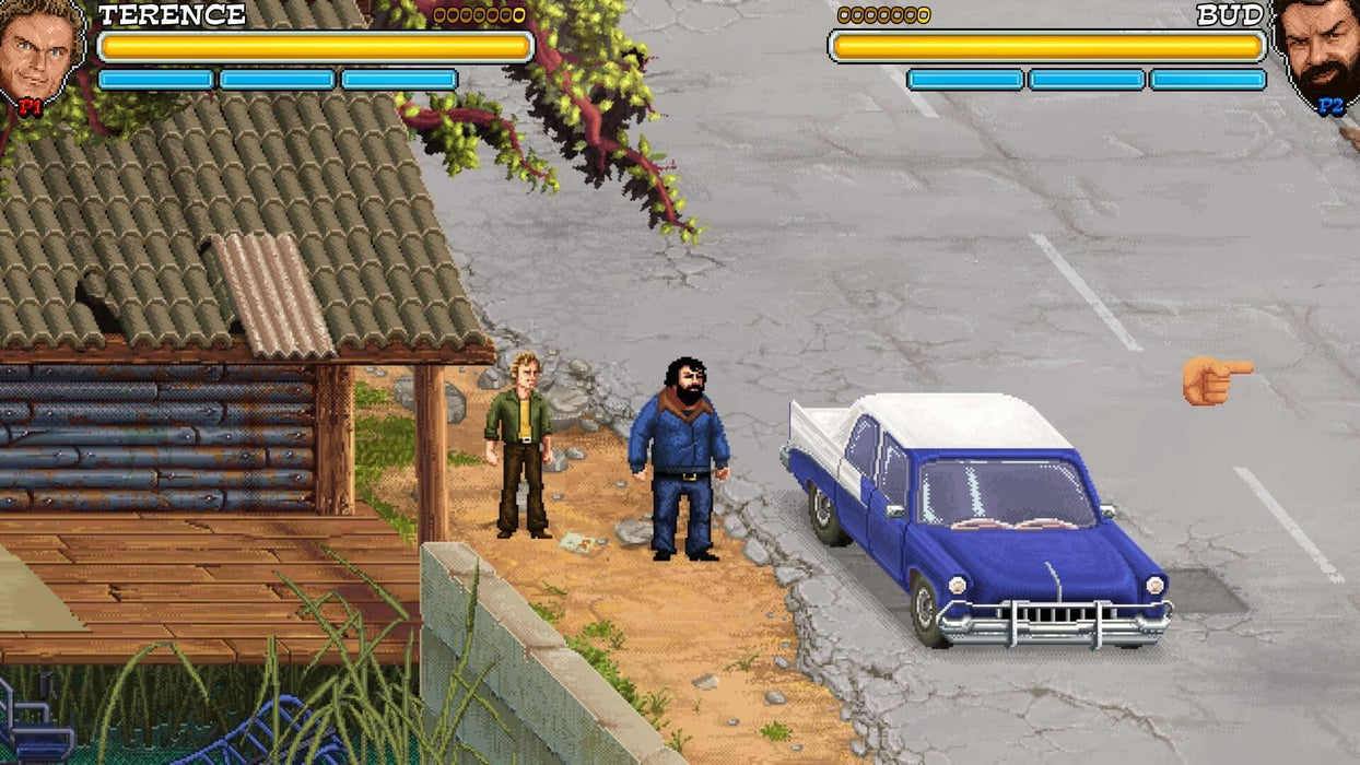 Screenshot from 'Slaps and Beans 2' on PS5, featuring Bud Spencer and Terence Hill standing near a blue vintage car in a countryside setting. Team up for nostalgic arcade-style combat and humorous adventures. Buy your digital key at RushGame.co