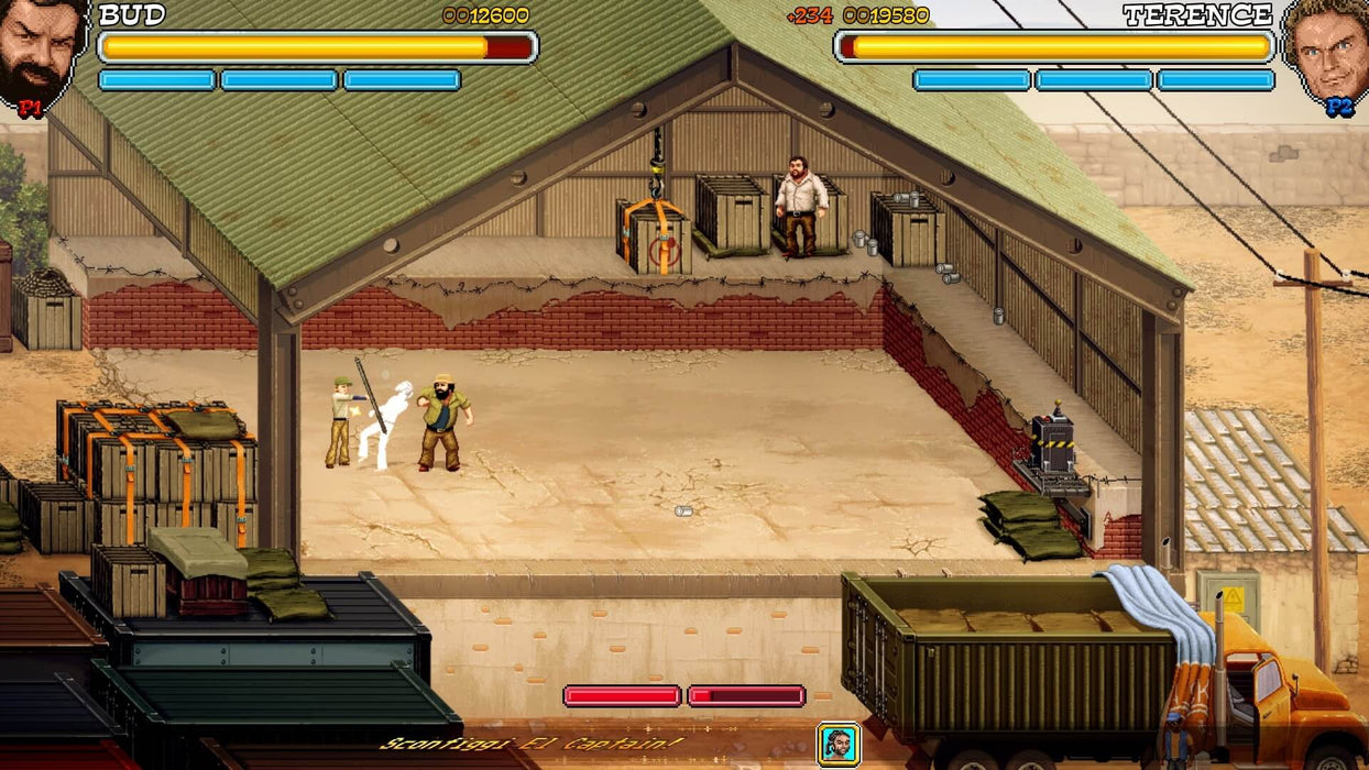 Gameplay Image 
"Action-packed fight sequence from 'Slaps and Beans 2' on PS5, showcasing Bud Spencer and Terence Hill in a warehouse battle. Engage in classic brawler-style combat with iconic moves. Purchase your PS5 CD key at RushGame.co