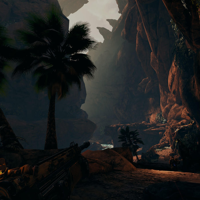 Bulletstorm PC EA Play Gameplay Screenshot 2
"In-game scene from Bulletstorm on PC, depicting a lush canyon environment with towering cliffs and palm trees. The player's weapon is visible in the foreground, preparing for the next intense combat sequence. Purchase Bulletstorm on RushGame.co and dive into this action-packed shooter