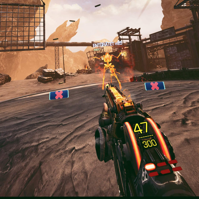 Bulletstorm PC EA Play Gameplay Screenshot 3
"Bulletstorm gameplay featuring an intense firefight in a desert-like environment. The player aims a futuristic shotgun at an enemy, who is disintegrating into a glowing skeleton, demonstrating the game’s unique skillshot system. Secure your Bulletstorm PC key now at RushGame.co for an explosive adventure
