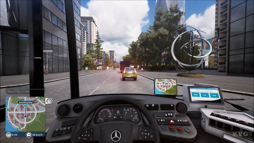 First-Person Driving View in Bus Simulator 18
A detailed first-person view from the driver's seat of a Mercedes bus in Bus Simulator 18, showing dashboard controls and city streets. Buy Bus Simulator 18 at RushGame.co and immerse yourself in a realistic urban bus driving experience