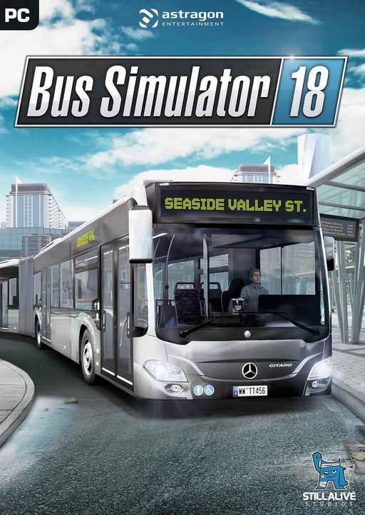 The official cover of Bus Simulator 18 for PC Steam, showcasing a modern city bus with "Seaside Valley St." displayed on its route sign. Buy your digital CD key for Bus Simulator 18 at RushGame.co and experience realistic bus driving simulation with authentic vehicles