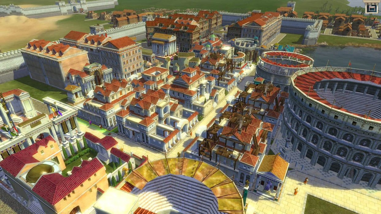 Caesar IV PC Gameplay Screenshot 1 – A beautifully detailed Roman city with a sprawling marketplace, iconic buildings, and a grand amphitheater, showcasing the city-building mechanics of Caesar IV. Build and manage your own Roman empire—buy your Caesar IV PC GOG CD key at RushGame.co for a seamless gaming experience