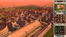 Caesar IV PC Gameplay Screenshot 2 – The sun sets over a vibrant Roman city, highlighting its intricate structures, including arenas and markets, while the game's interface displays various management options. Step into the role of a Roman governor—get your Caesar IV PC GOG CD key today at RushGame.co for the best deals on digital game codes