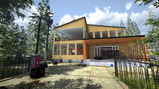 A detailed 3D-rendered image from Cafe Owner Simulator: Farm DLC, showcasing a rustic two-story house surrounded by lush greenery and a fenced yard. This engaging simulation lets players expand their cafe business with farming elements—buy the game key now at RushGame.co for instant digital delivery