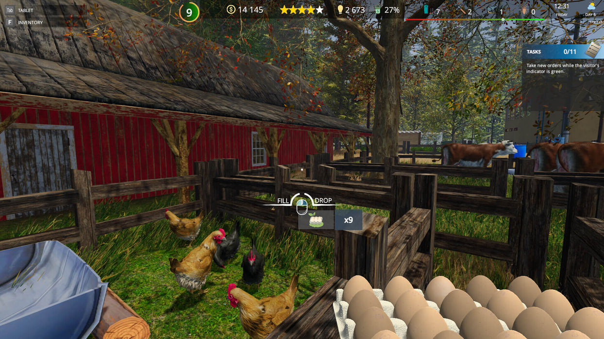A vibrant gameplay scene from Cafe Owner Simulator: Farm DLC, featuring a farmyard with chickens roaming near a wooden coop and cows grazing in the background. Manage your farm-to-table business and experience a unique cafe simulation—grab your Steam CD key at RushGame.co today