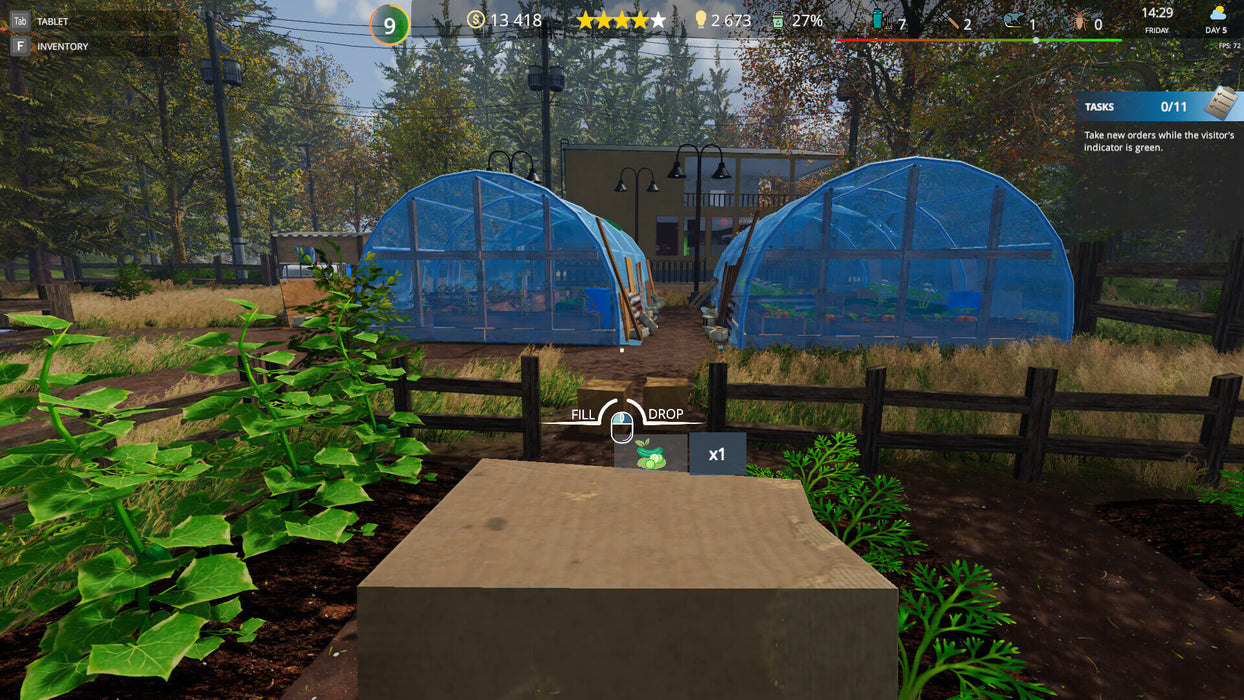 Greenhouse gameplay screenshot - A realistic farming environment in Cafe Owner Simulator: Farm DLC, where players can cultivate fresh produce inside greenhouses to supply their cafe. Enhance your gameplay experience with this immersive DLC get your PC Steam key now at RushGame.co and start building your dream business