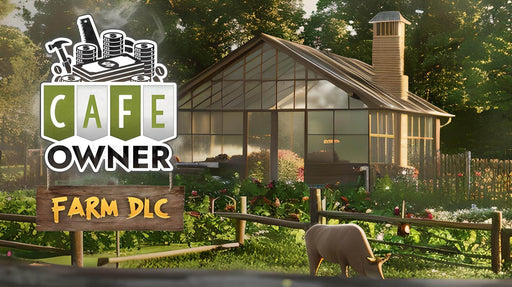 cover art for Cafe Owner Simulator: Farm DLC, featuring a picturesque farm setting with a greenhouse and grazing livestock. Expand your cafe empire with this exciting expansion—buy your digital game key instantly at RushGame.co