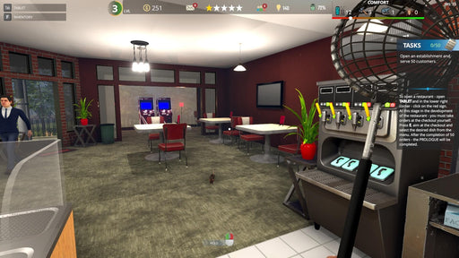 Gameplay screenshot from Café Owner Simulator
"A cozy café interior in Café Owner Simulator, showcasing modern furnishings, a drink dispenser, and arcade machines in the background, with a player holding a mop for cleaning tasks. Buy your Café Owner Simulator Steam CD key at RushGame.co and manage your own café business with realistic simulation mechanics!