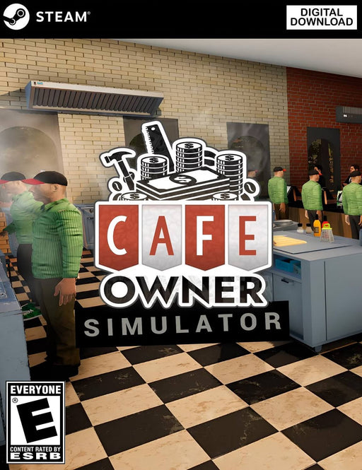 cover of Café Owner Simulator for PC on Steam, featuring a bustling restaurant scene with chefs in green uniforms preparing food in a lively kitchen. Get your Café Owner Simulator Steam CD key now at RushGame.co for instant digital delivery and start building your dream café empire!