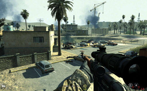 Screenshot 
A thrilling sniper engagement in Call of Duty 4: Modern Warfare, set in a Middle Eastern war zone with an urban battlefield, palm trees, and burning vehicles in sight. Grab your official Steam CD key at RushGame.co and experience the game that redefined modern FPS combat