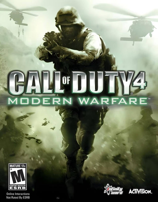 cover art of Call of Duty 4: Modern Warfare for PC on Steam, featuring a heavily armed soldier moving through a battlefield with helicopters flying overhead. Experience the legendary first-person shooter with an authentic activation key from RushGame.co, your trusted source for digital game codes