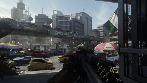 A vibrant cityscape from Call of Duty: Advanced Warfare, featuring a futuristic urban environment with high-rise buildings, flying vehicles, and a Nigerian flag in the background. Get your Call of Duty: Advanced Warfare Gold Edition Xbox One CD Key US at RushGame.co and dive into a gripping campaign set in a technologically advanced world