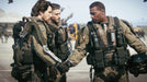 A cinematic scene from Call of Duty: Advanced Warfare, showing three soldiers in advanced tactical gear shaking hands on an airbase, symbolizing military brotherhood and teamwork. Buy Call of Duty: Advanced Warfare Gold Edition Xbox One CD Key US at RushGame.co and join the futuristic battlefield with powerful exoskeleton abilities