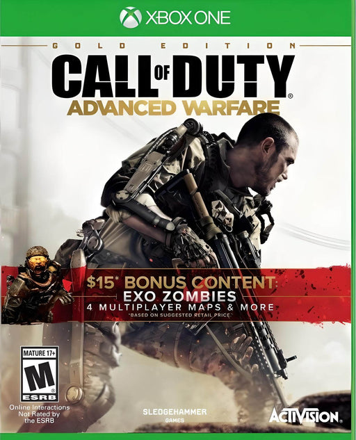 The official cover of Call of Duty: Advanced Warfare Gold Edition for Xbox One, featuring a futuristic soldier in advanced combat gear holding a high-tech rifle, with a war-torn battlefield in the background. Get your Call of Duty: Advanced Warfare Gold Edition Xbox One CD Key US now at RushGame.co and experience next-generation warfare with enhanced exosuit mechanics and intense multiplayer action