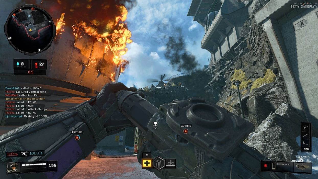 Screenshot 
A first-person perspective of a player wielding a powerful rocket launcher while engaging in intense combat near a burning industrial facility. Experience adrenaline-pumping firefights in Call of Duty: Black Ops 4—buy your Xbox digital key now at RushGame.co for instant activation