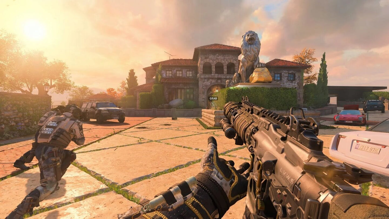 Screenshot 
A high-tech firearm is held in a first-person view as a player approaches a luxurious mansion with a lion statue at the entrance, bathed in golden sunlight. Step into the tactical warfare of Call of Duty: Black Ops 4—get your digital activation key at RushGame.co and start playing instantly
