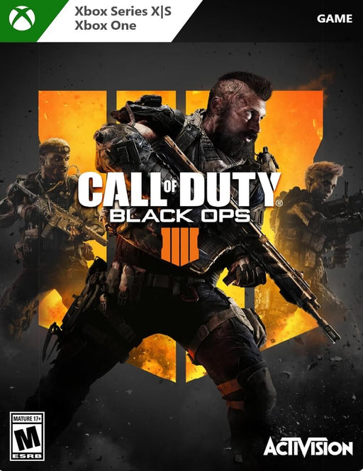 The cover art for Call of Duty: Black Ops 4 on Xbox One and Xbox Series X/S showcases three heavily armed soldiers against an intense orange and black background. Get your digital activation key instantly at RushGame.co and dive into the action-packed multiplayer warfare