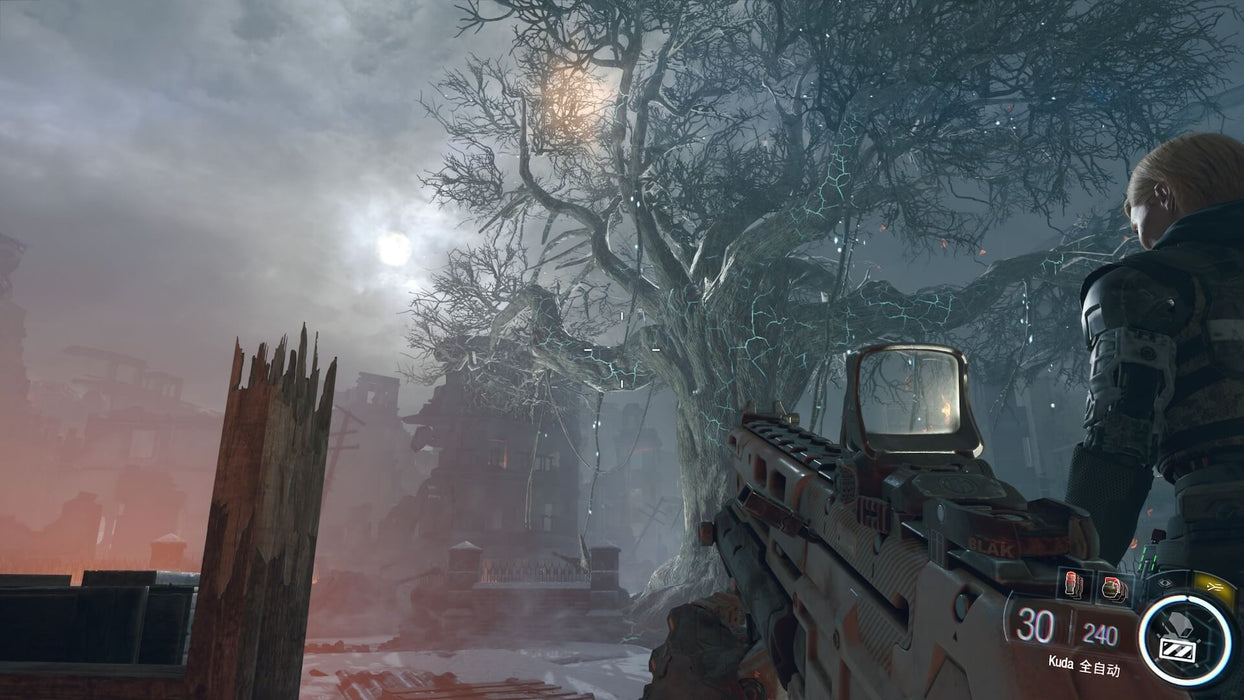 A chilling in-game scene from Call of Duty: Black Ops III - Zombies Chronicles DLC, where a player wields a futuristic rifle while standing in front of a massive, electrified tree under an eerie sky. Buy your game activation code now at RushGame.co for non-stop undead battles