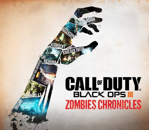 cover for Call of Duty: Black Ops III - Zombies Chronicles DLC on Xbox One, featuring a stylized zombie hand with locations from the game’s iconic undead maps. Get your digital CD key instantly at RushGame.co and experience intense zombie action