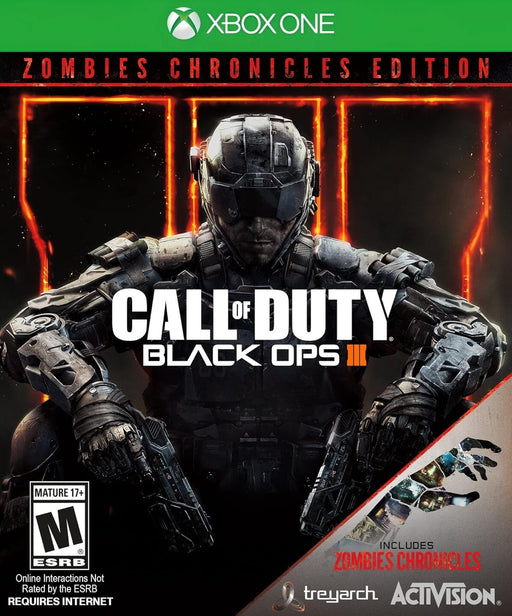 cover of Call of Duty: Black Ops III Zombies Chronicles Edition for Xbox One, featuring a futuristic soldier in a dark combat suit with glowing red elements. Get your Xbox digital key now on RushGame.co for instant activation and dive into the intense zombie survival action