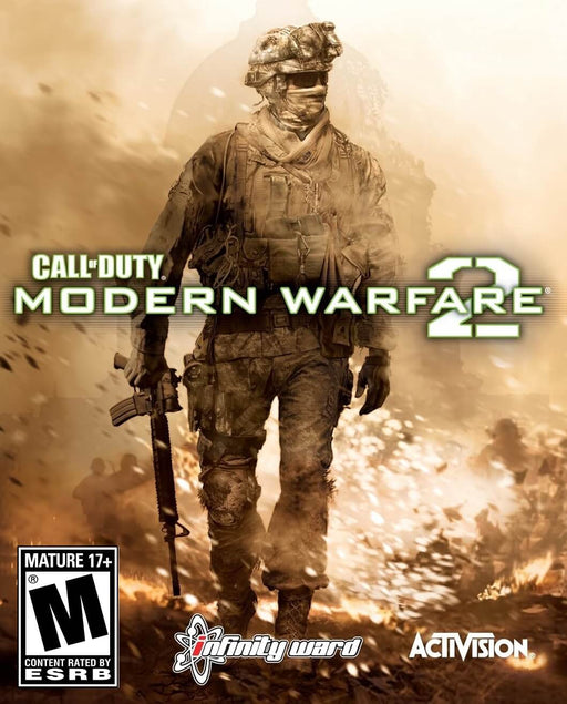 cover of Call of Duty: Modern Warfare 2 (2009) features a battle-hardened soldier walking through a war-torn battlefield, surrounded by smoke and fire. Get your Modern Warfare 2 PC Steam CD Key instantly at RushGame.co, the best store for digital game keys