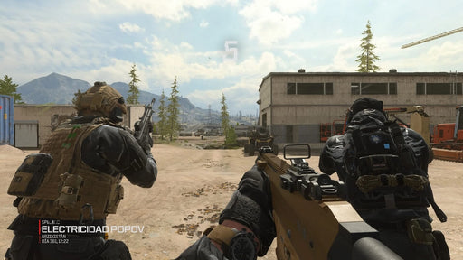 Gameplay – Tactical Team in the Field – A first-person perspective of a soldier aiming his rifle while a squadmate moves ahead, set in a war-torn city with distant skyscrapers. Buy Call of Duty: Modern Warfare III Cross-Gen Bundle at RushGame.co and engage in tactical combat with realistic weaponry and dynamic battle environments