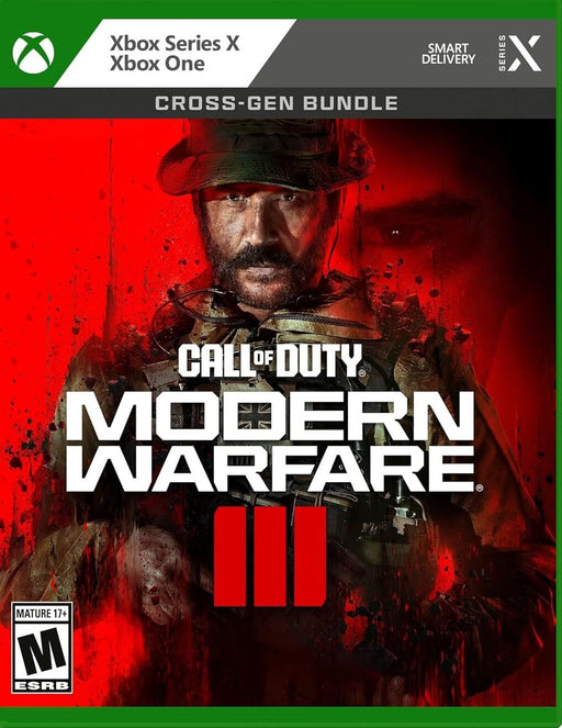 The official cover art for Call of Duty: Modern Warfare III Cross-Gen Bundle on Xbox One and Xbox Series X|S, featuring an intense close-up of Captain Price with a red background. Get your digital activation key instantly at RushGame.co and experience high-octane action with cross-platform multiplayer gameplay