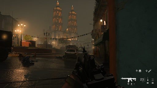 Gameplay Screenshot - Call of Duty: Modern Warfare III Vault Edition

A first-person shooter perspective in Call of Duty: Modern Warfare III, showing a soldier aiming his assault rifle in a dimly lit urban environment with glowing cathedral towers in the background. Buy your Modern Warfare III Vault Edition CD Key at RushGame.co and jump into intense combat missions.