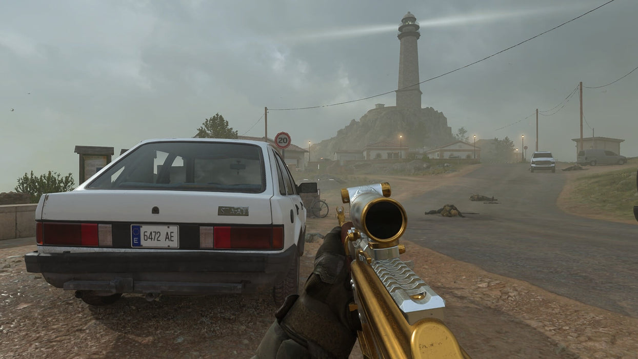 Sniper Mission - Call of Duty: Modern Warfare III Vault Edition

A sniper's view in Call of Duty: Modern Warfare III, aiming a golden scope rifle at a distant lighthouse in a foggy coastal setting, with abandoned vehicles and fallen enemies scattered across the road. Get your instant delivery CD Key from RushGame.co and step into high-stakes tactical warfare