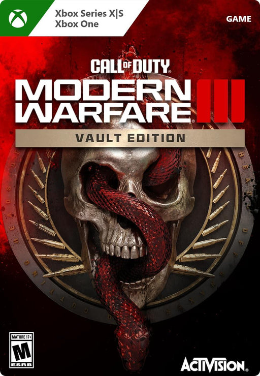 Official cover art for Call of Duty: Modern Warfare III Vault Edition for Xbox One and Xbox Series X|S, featuring a menacing skull with a red serpent wrapped around it. Get your digital game key for instant activation at RushGame.co and experience this action-packed FPS with exclusive Vault Edition content